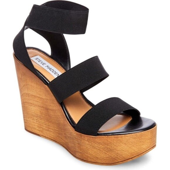 Steve Madden Black Blondy Wood Block Platform Wedge Elastic Stretch Sandals 7 - Picture 1 of 7